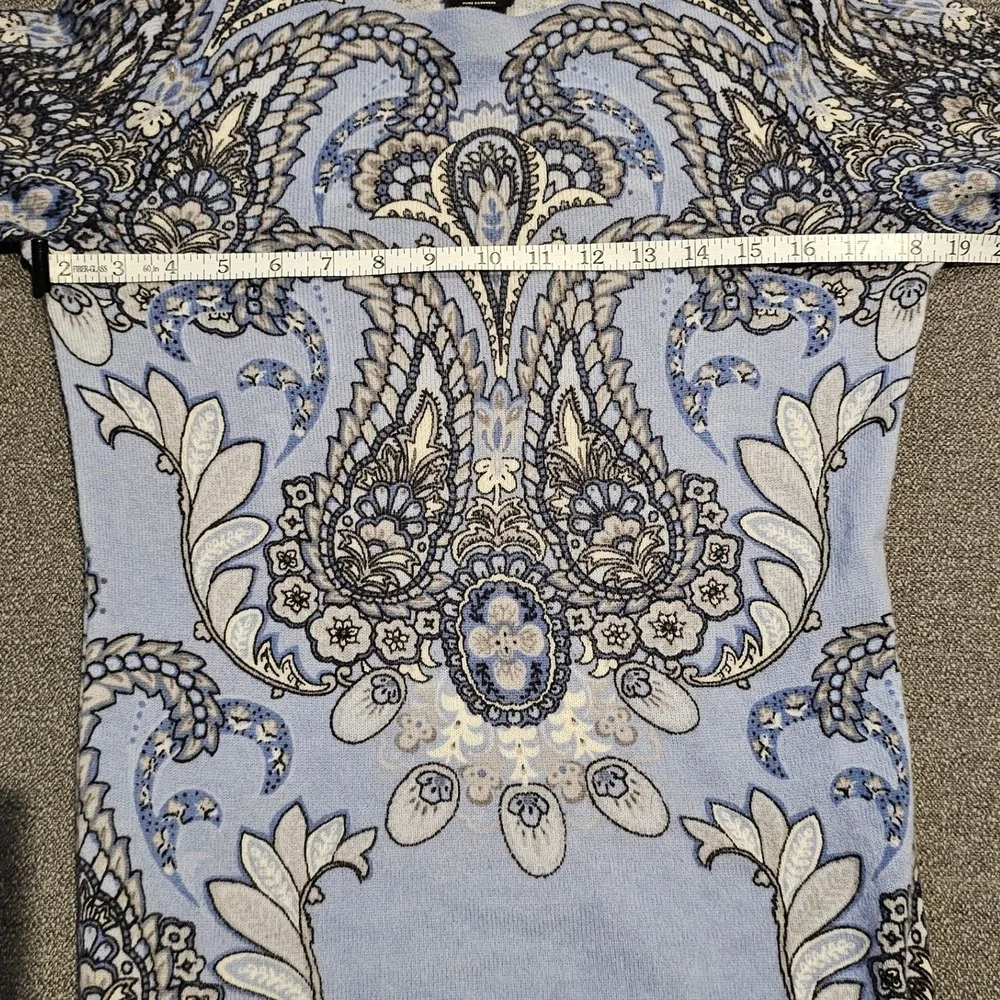 Talbots Pure Cashmere Paisley Print‎ 3/4 Sleeve Sweater XS Blue Gray